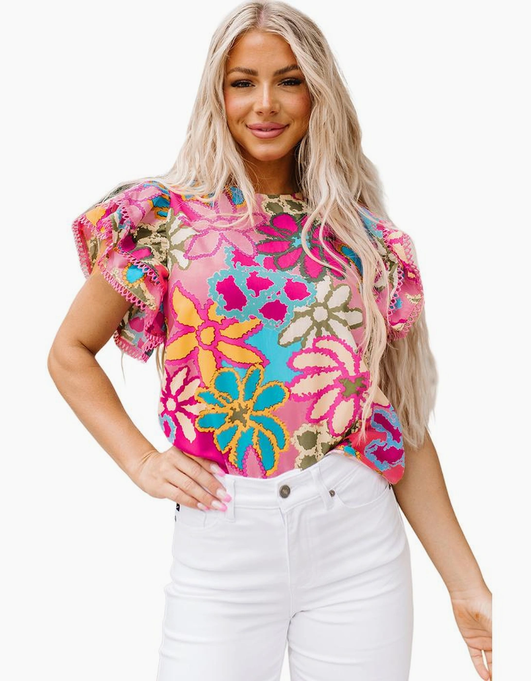 Multicolor Vibrant Floral Print Trimmed Ruffle Sleeve Blouse