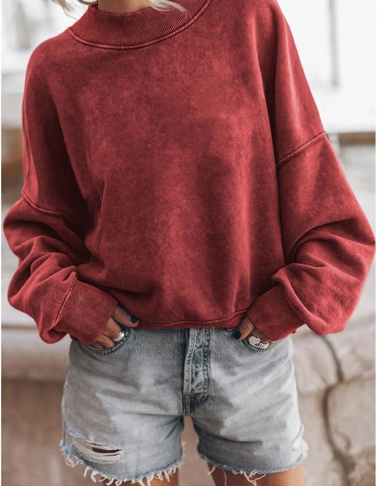 Red Dahlia Drop Shoulder Crew Neck Pullover Sweatshirt