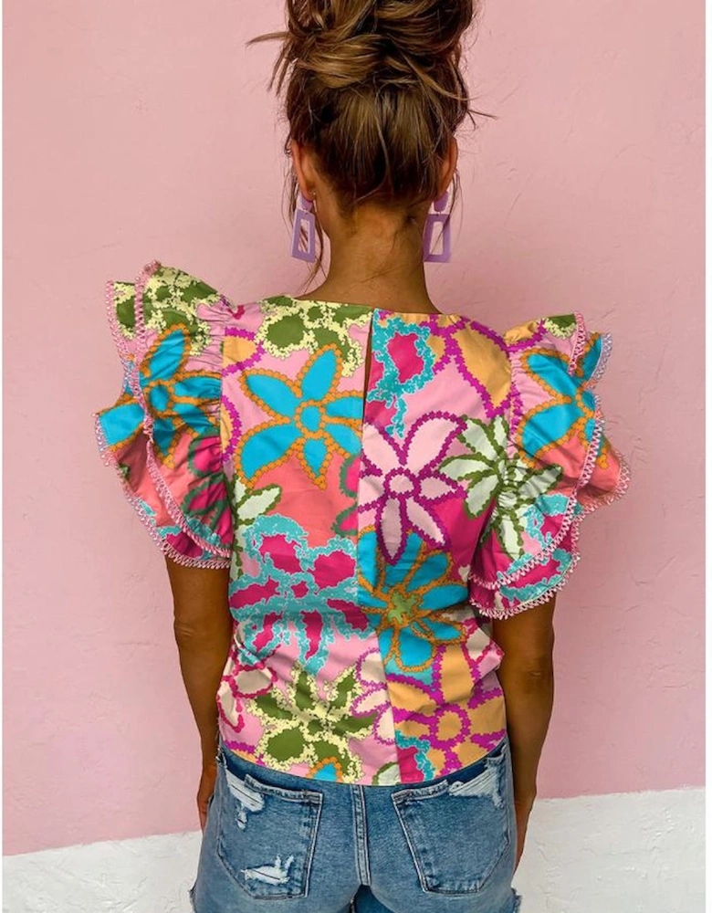 Multicolor Vibrant Floral Print Trimmed Ruffle Sleeve Blouse