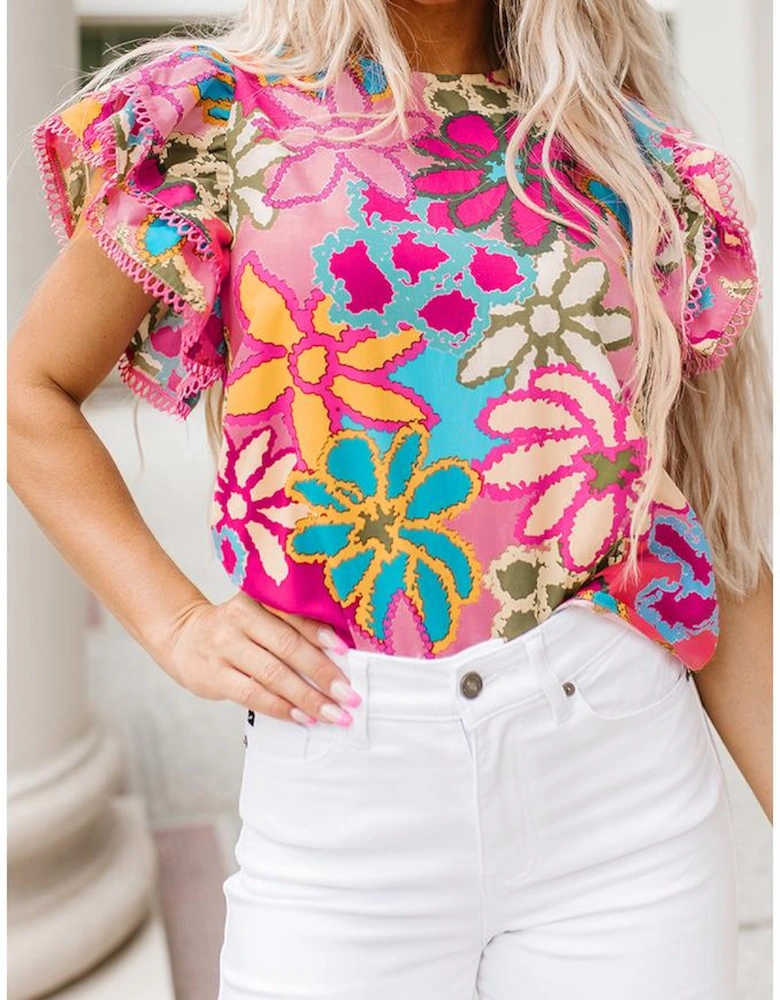 Multicolor Vibrant Floral Print Trimmed Ruffle Sleeve Blouse