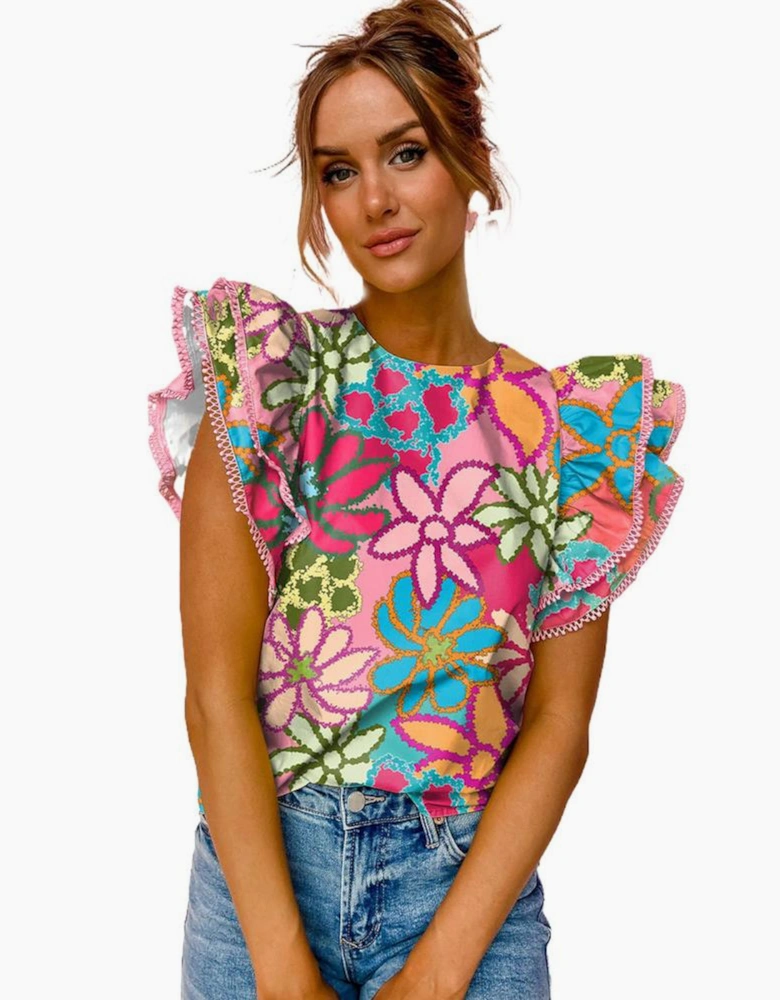 Multicolor Vibrant Floral Print Trimmed Ruffle Sleeve Blouse