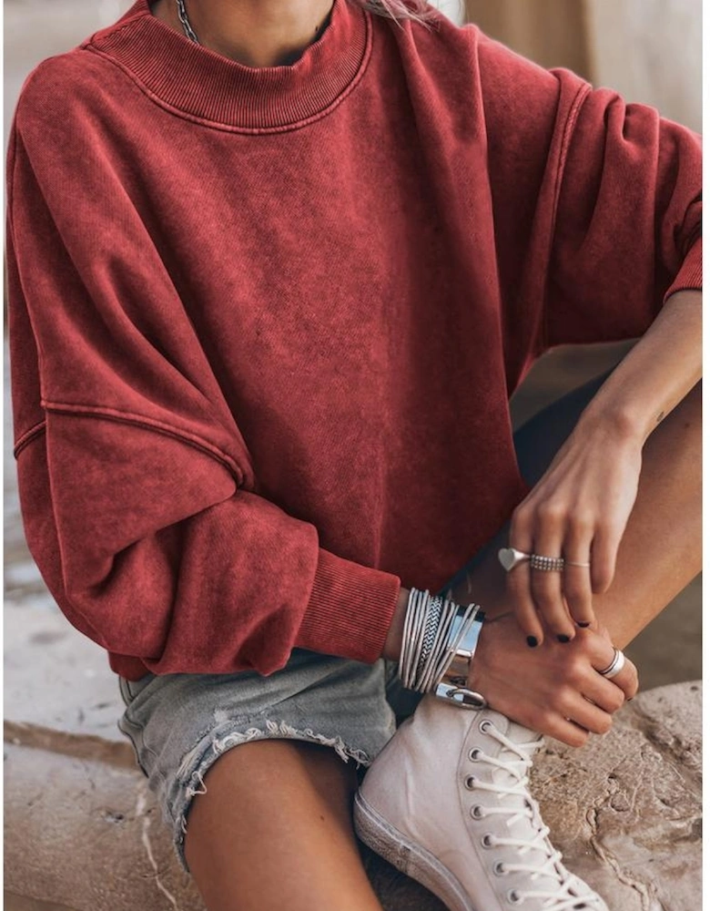 Red Dahlia Drop Shoulder Crew Neck Pullover Sweatshirt