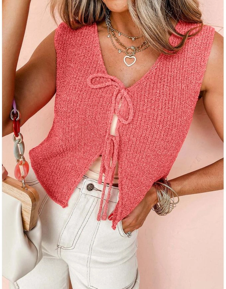Tomato Red Lace-up Front V Neck Sweater Vest