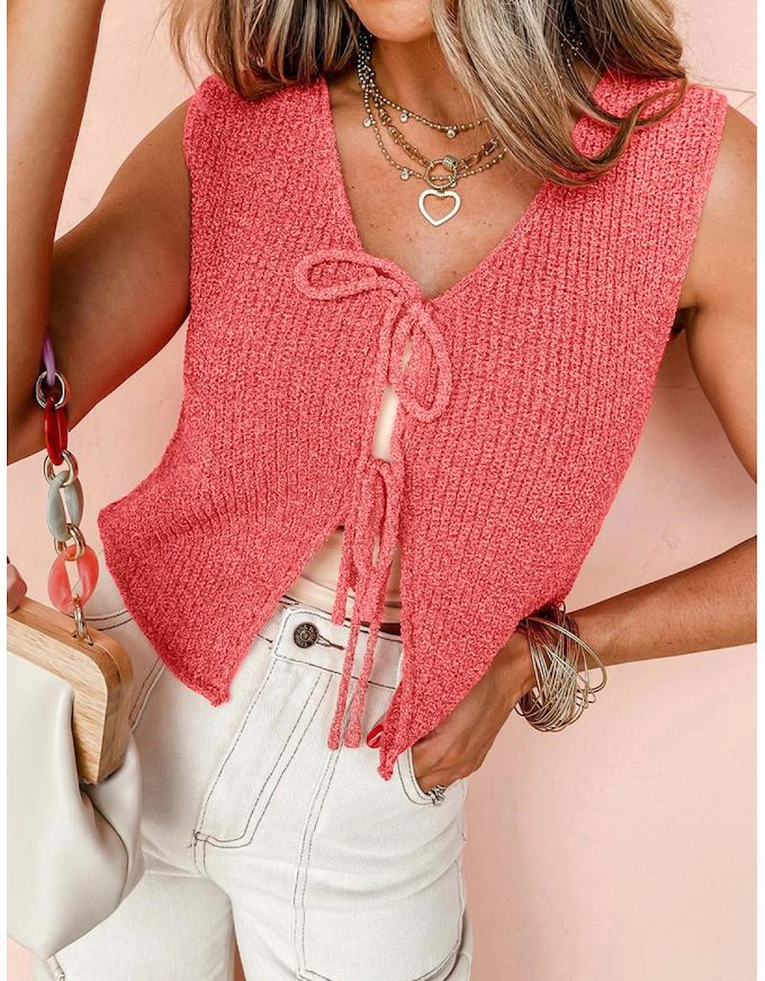Tomato Red Lace-up Front V Neck Sweater Vest