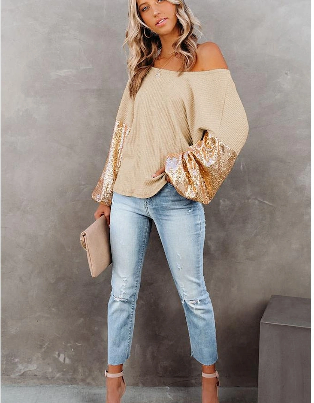 Apricot Sequin Patchwork Sleeve Open Back Waffle Knit Top