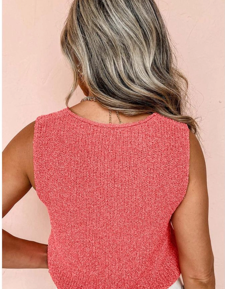 Tomato Red Lace-up Front V Neck Sweater Vest
