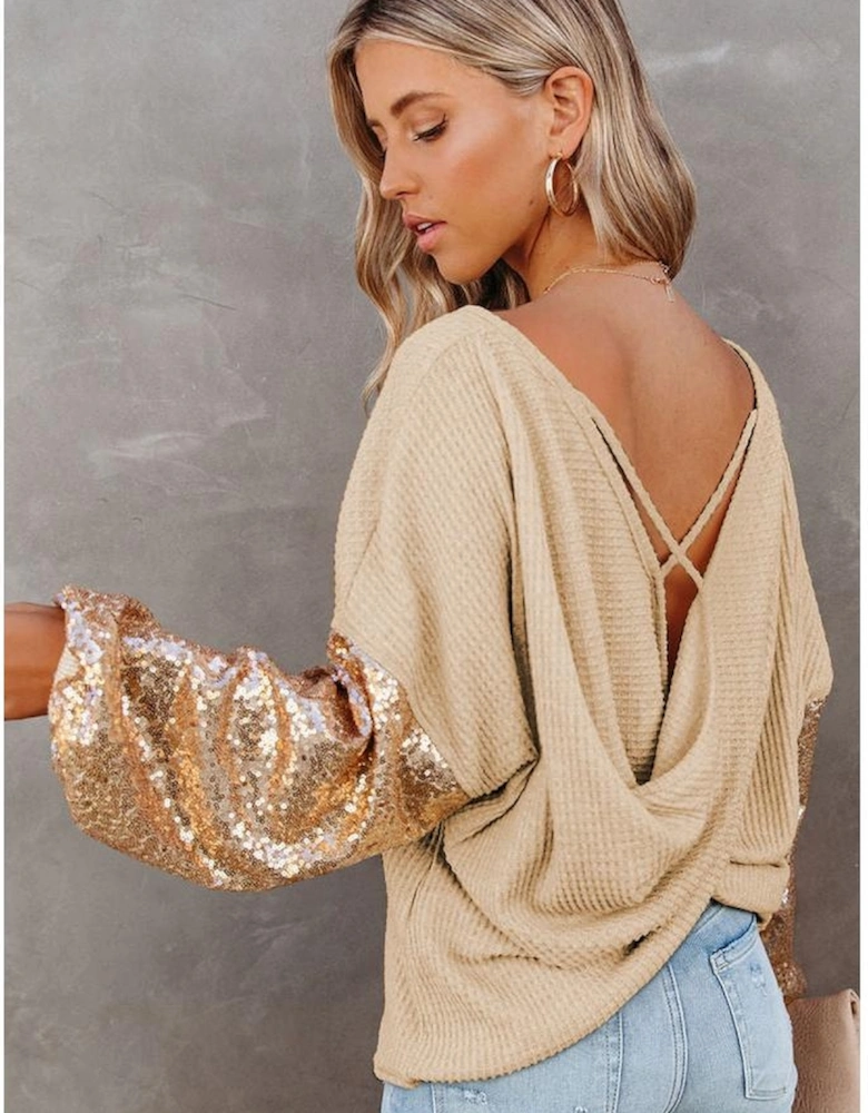 Apricot Sequin Patchwork Sleeve Open Back Waffle Knit Top