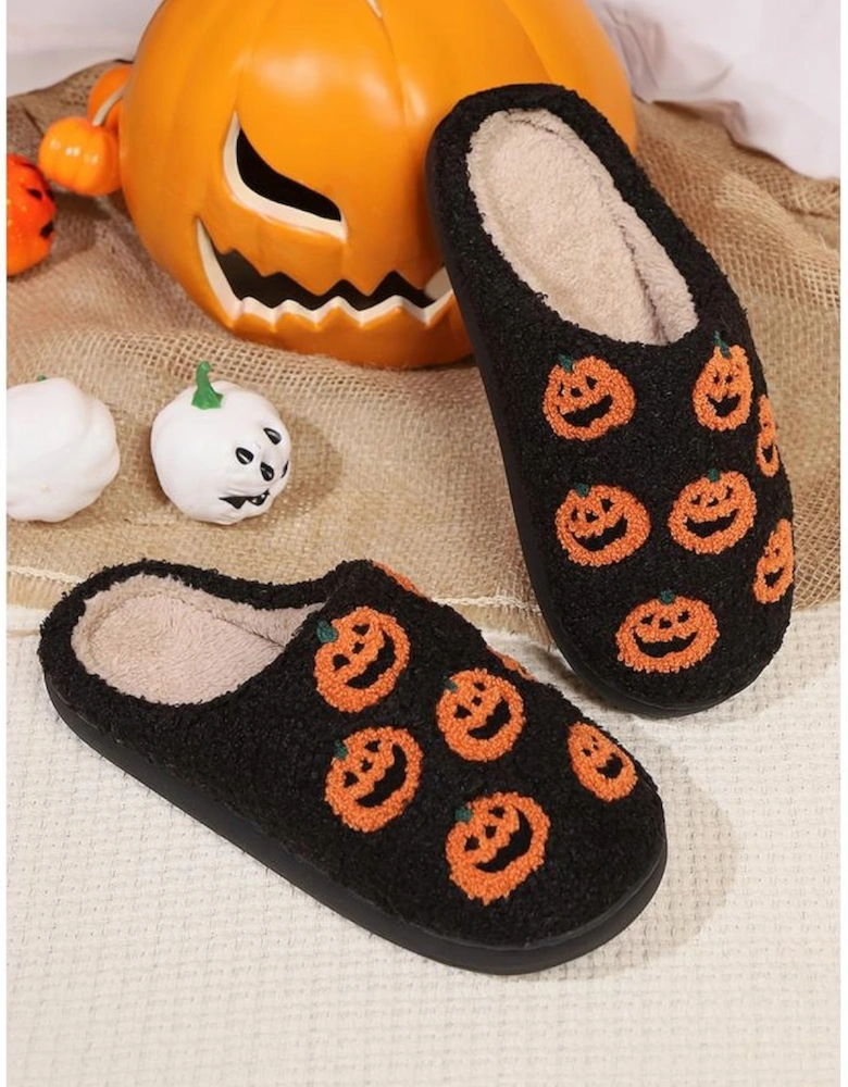 Black Halloween Pumpkin Plush Home Slippers