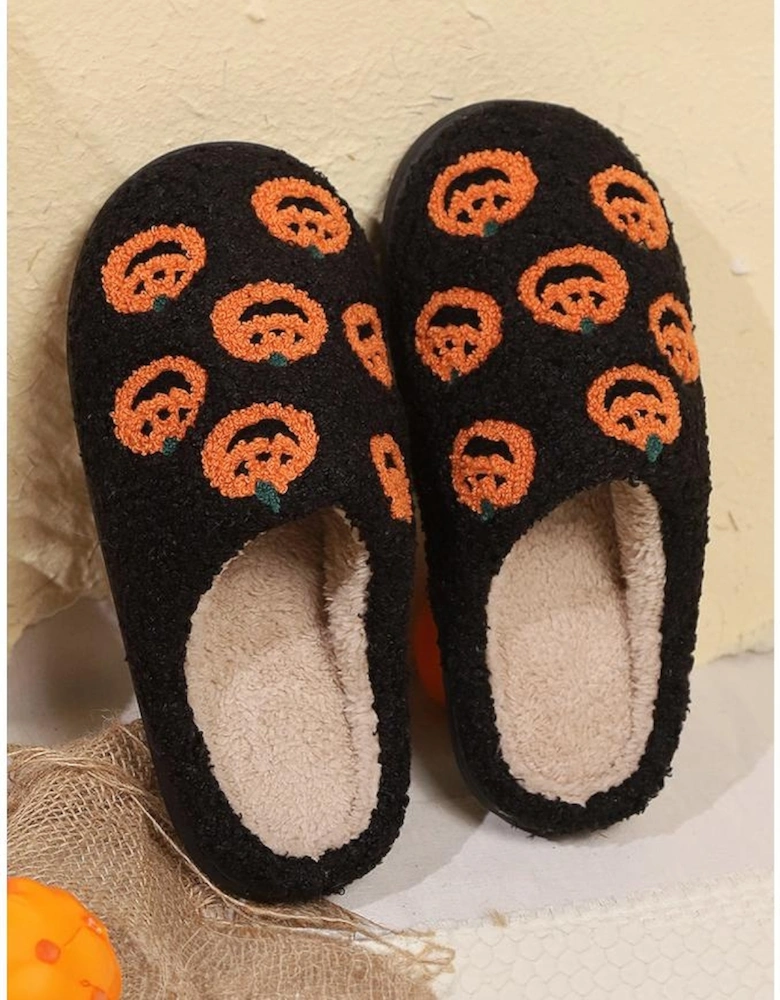 Black Halloween Pumpkin Plush Home Slippers