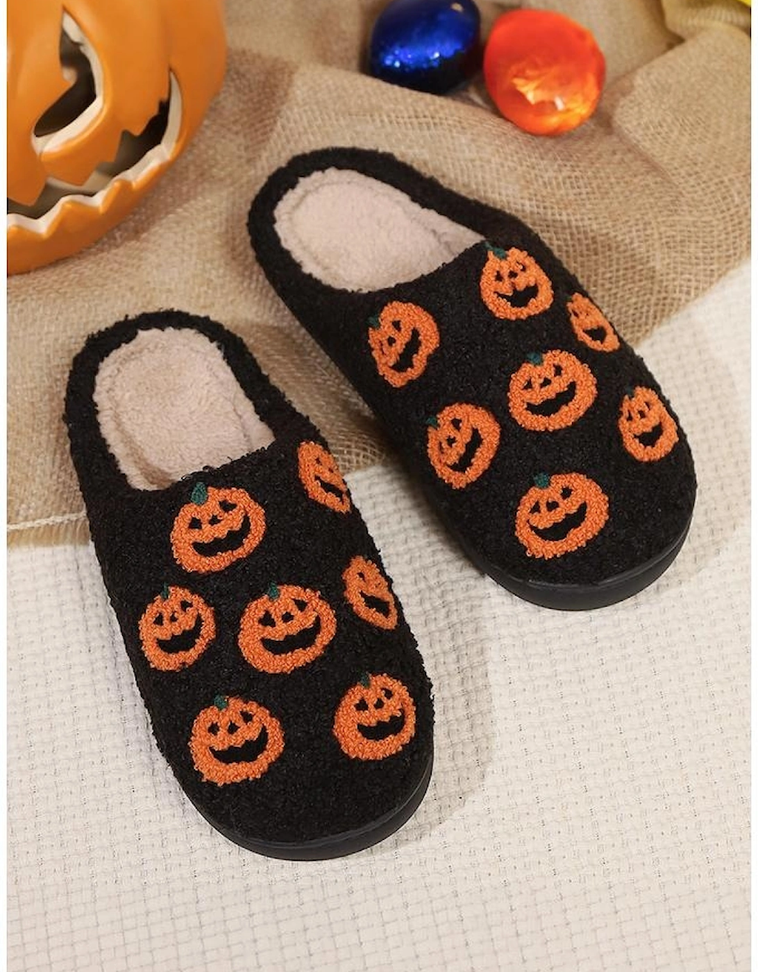 Black Halloween Pumpkin Plush Home Slippers