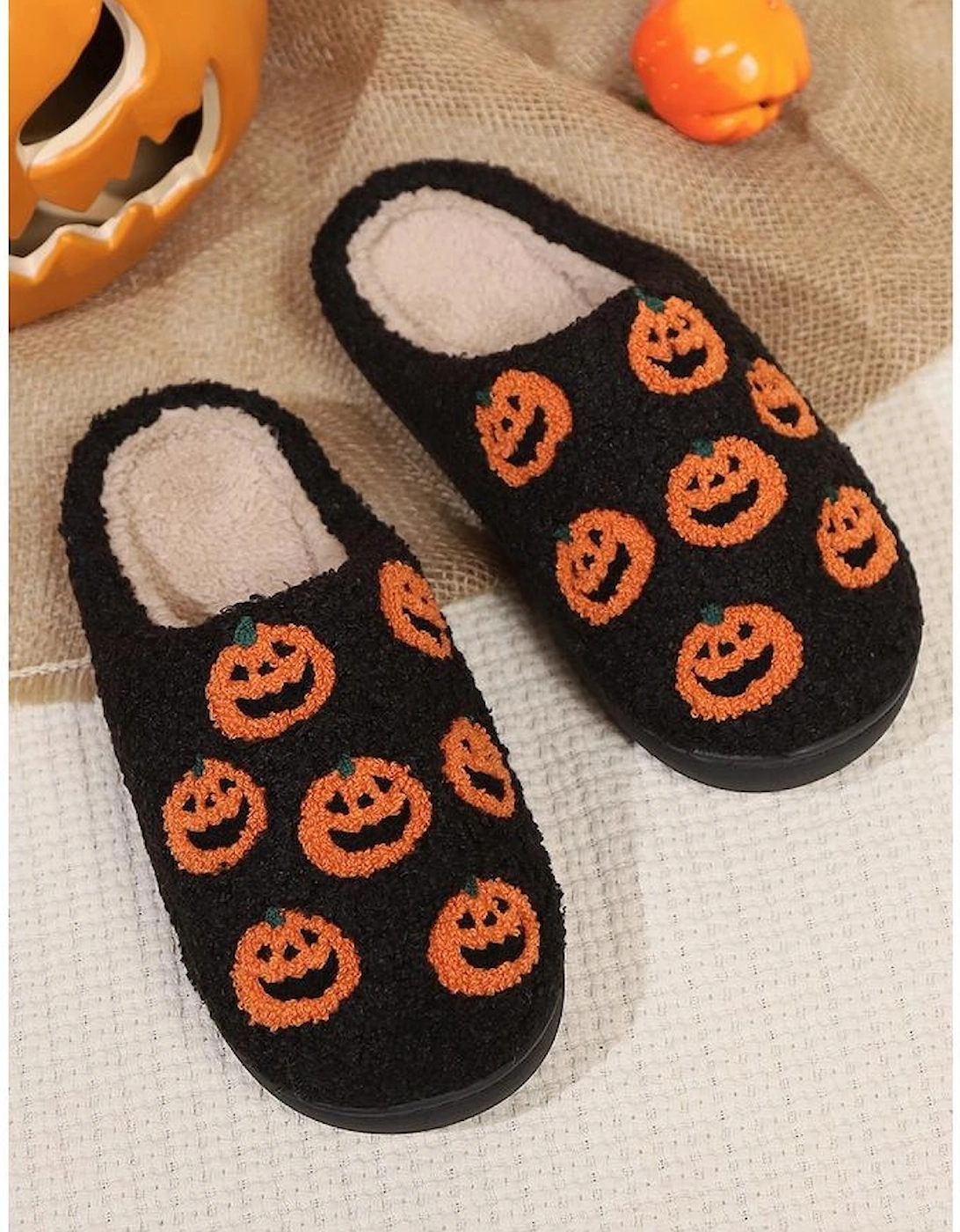 Black Halloween Pumpkin Plush Home Slippers