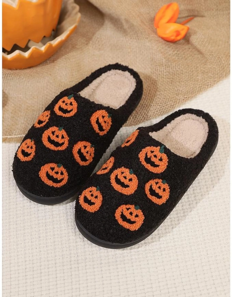Black Halloween Pumpkin Plush Home Slippers