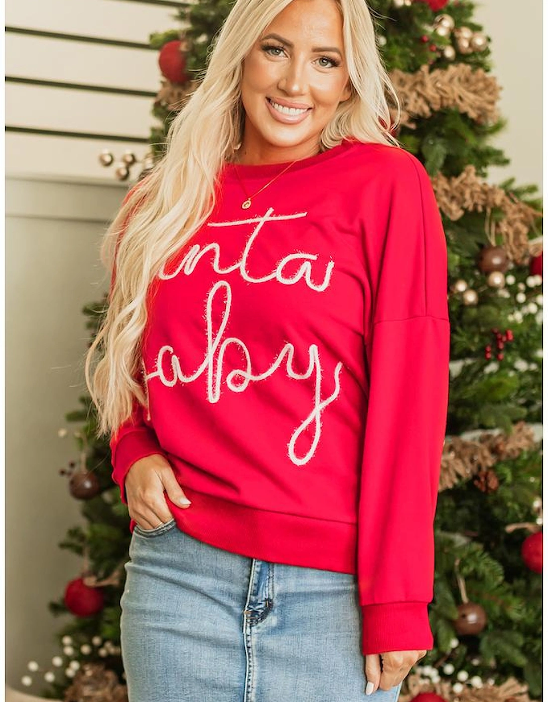 Fiery Red Christmas Santa Baby Tinsel Graphic Sweatshirt
