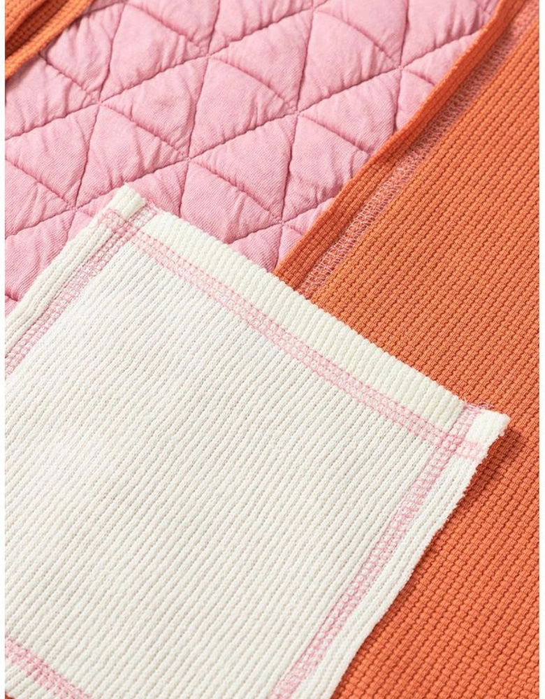 Coral Quilted Textured Patchwork Loose Fit Hooded Jacket