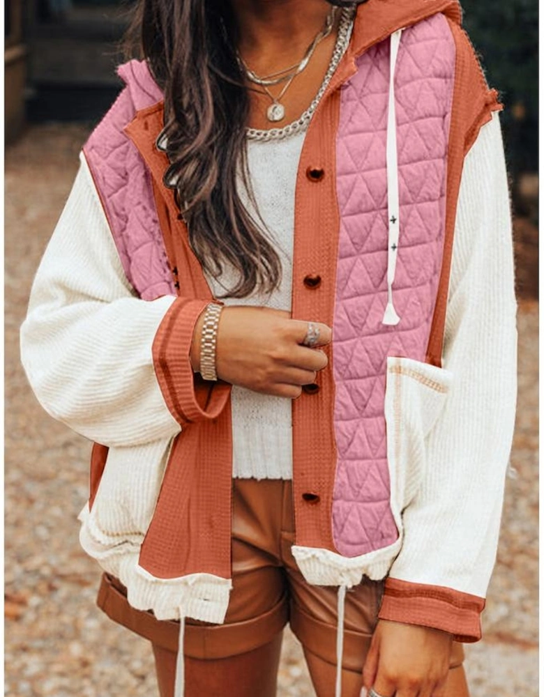 Coral Quilted Textured Patchwork Loose Fit Hooded Jacket