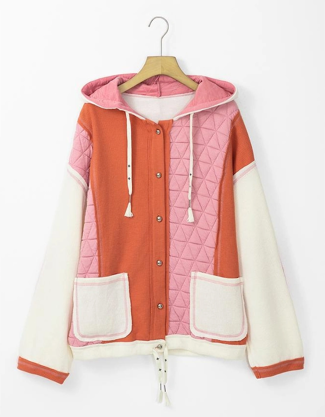Coral Quilted Textured Patchwork Loose Fit Hooded Jacket