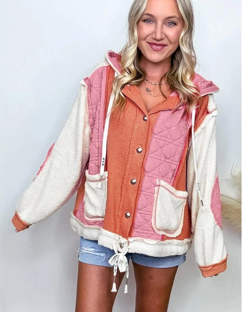 Coral Quilted Textured Patchwork Loose Fit Hooded Jacket
