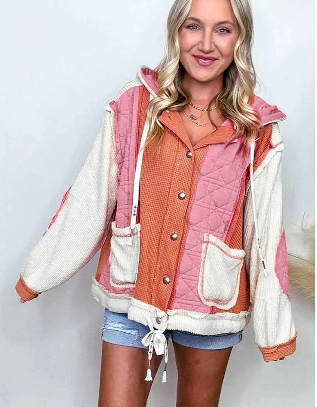 Coral Quilted Textured Patchwork Loose Fit Hooded Jacket