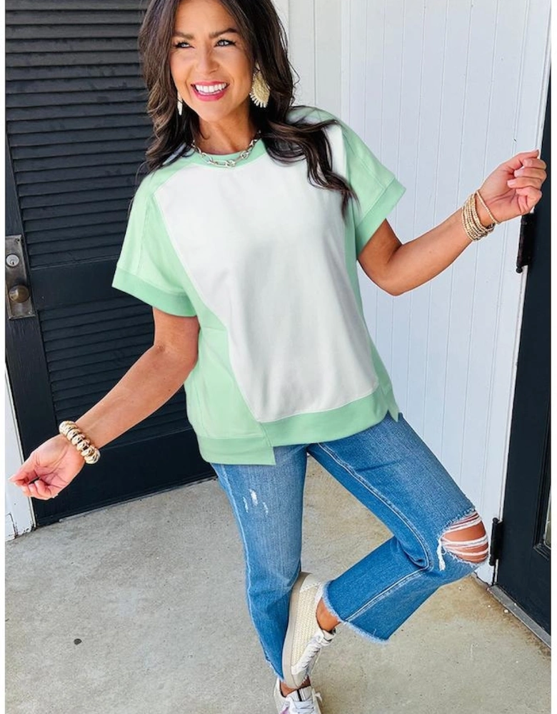 Light Green Color Block Exposed Seam Crew Neck T Shirt