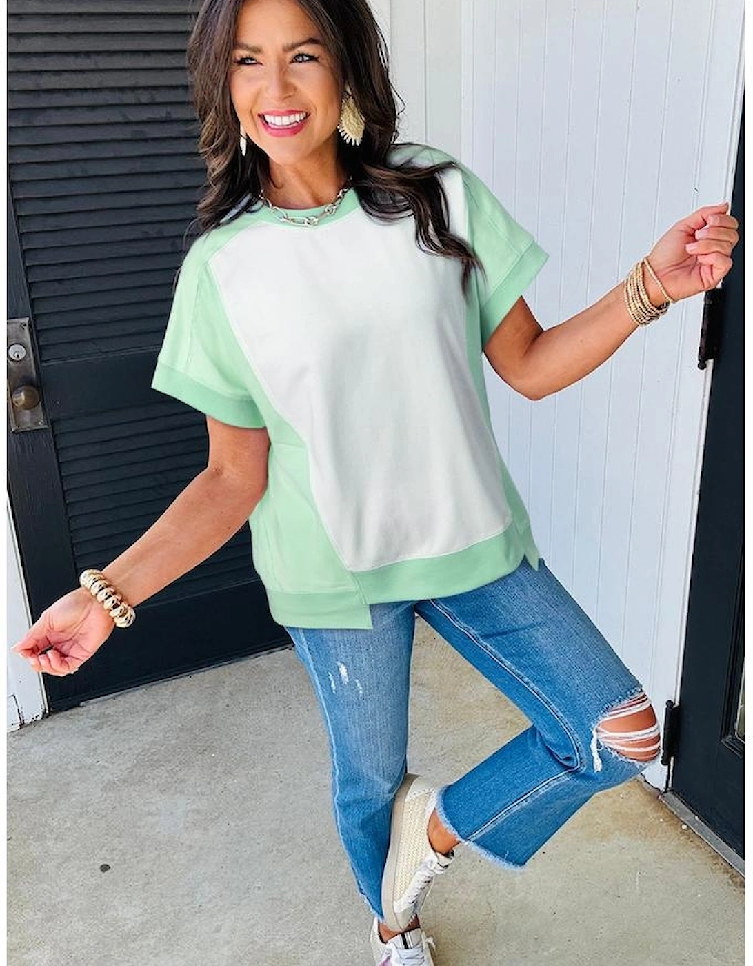Light Green Color Block Exposed Seam Crew Neck T Shirt, 4 of 3