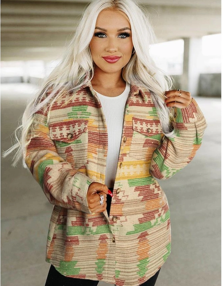 Yellow Western Aztec Print Button Flap Pocket Shacket
