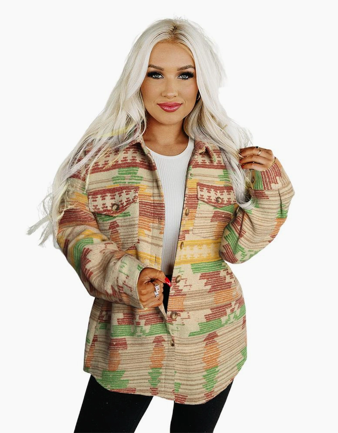 Yellow Western Aztec Print Button Flap Pocket Shacket, 13 of 12