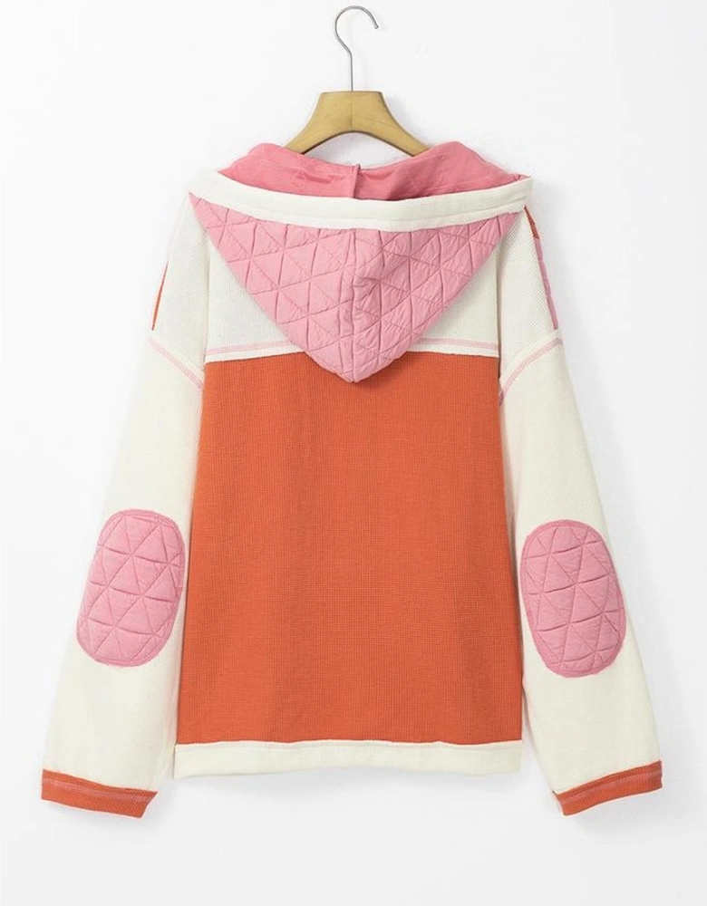 Coral Quilted Textured Patchwork Loose Fit Hooded Jacket