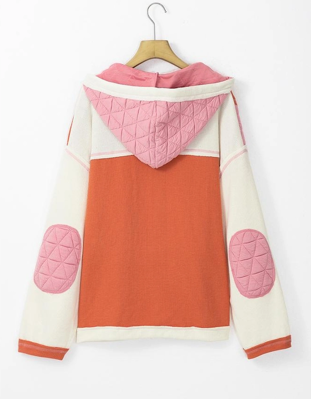 Coral Quilted Textured Patchwork Loose Fit Hooded Jacket