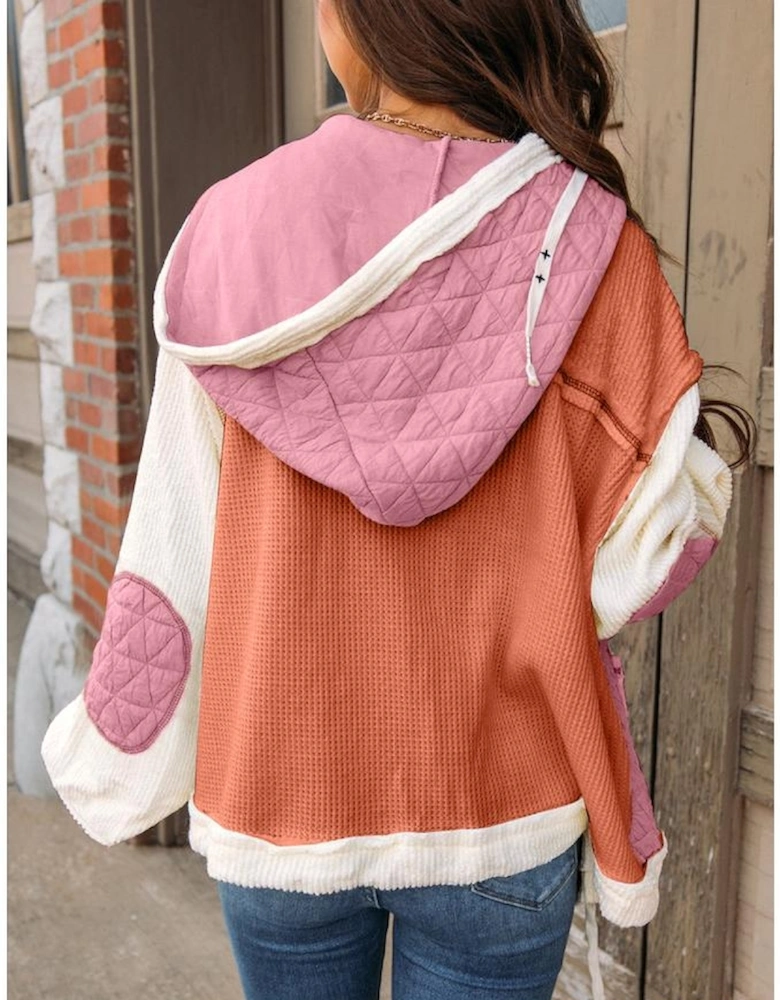Coral Quilted Textured Patchwork Loose Fit Hooded Jacket
