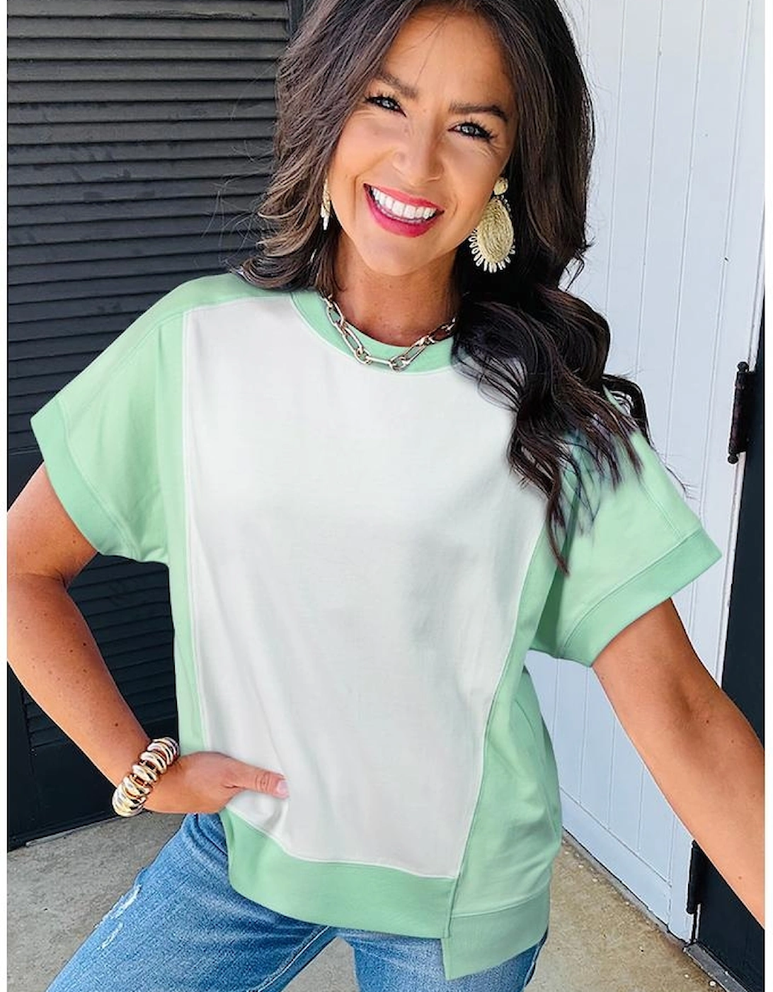 Light Green Color Block Exposed Seam Crew Neck T Shirt