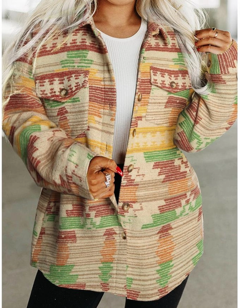 Yellow Western Aztec Print Button Flap Pocket Shacket