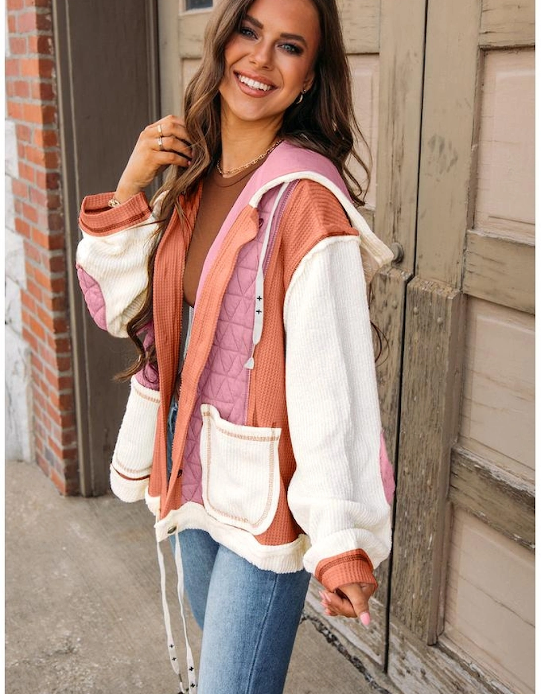 Coral Quilted Textured Patchwork Loose Fit Hooded Jacket