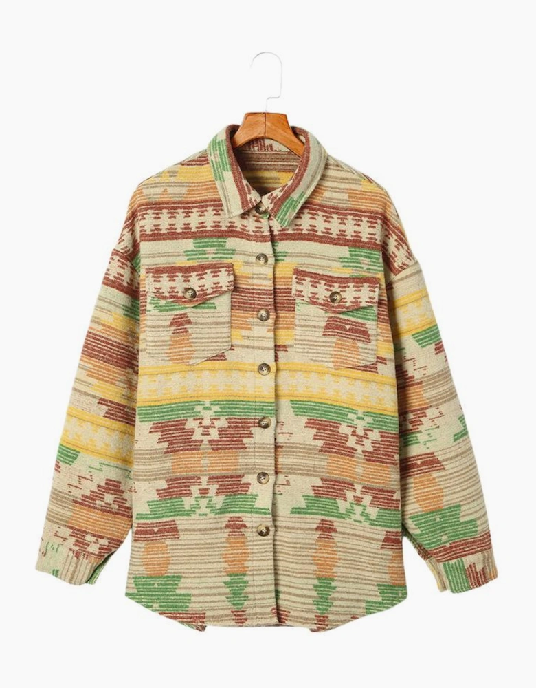 Yellow Western Aztec Print Button Flap Pocket Shacket