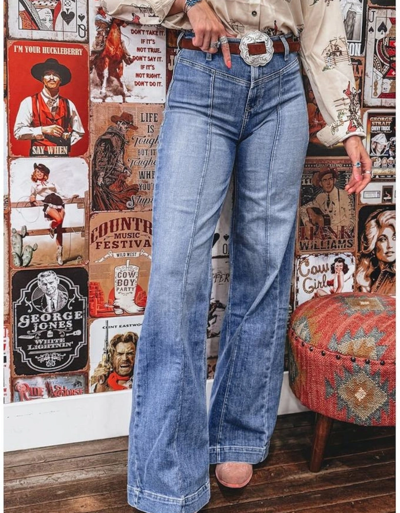 Beau Blue Tailored Center Seam Detail Straight Loose High Rise Jeans