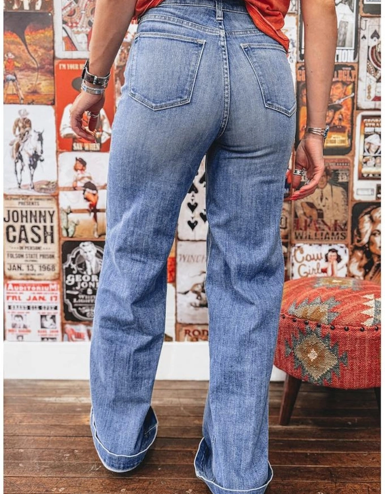 Beau Blue Tailored Center Seam Detail Straight Loose High Rise Jeans