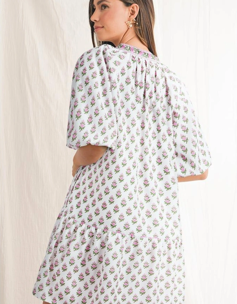 Pink Floral Print Bubble Sleeve Neck Tie Ruffled Dress