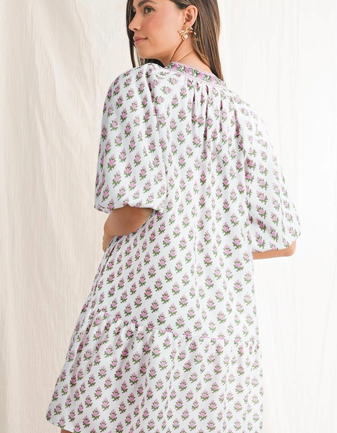 Pink Floral Print Bubble Sleeve Neck Tie Ruffled Dress