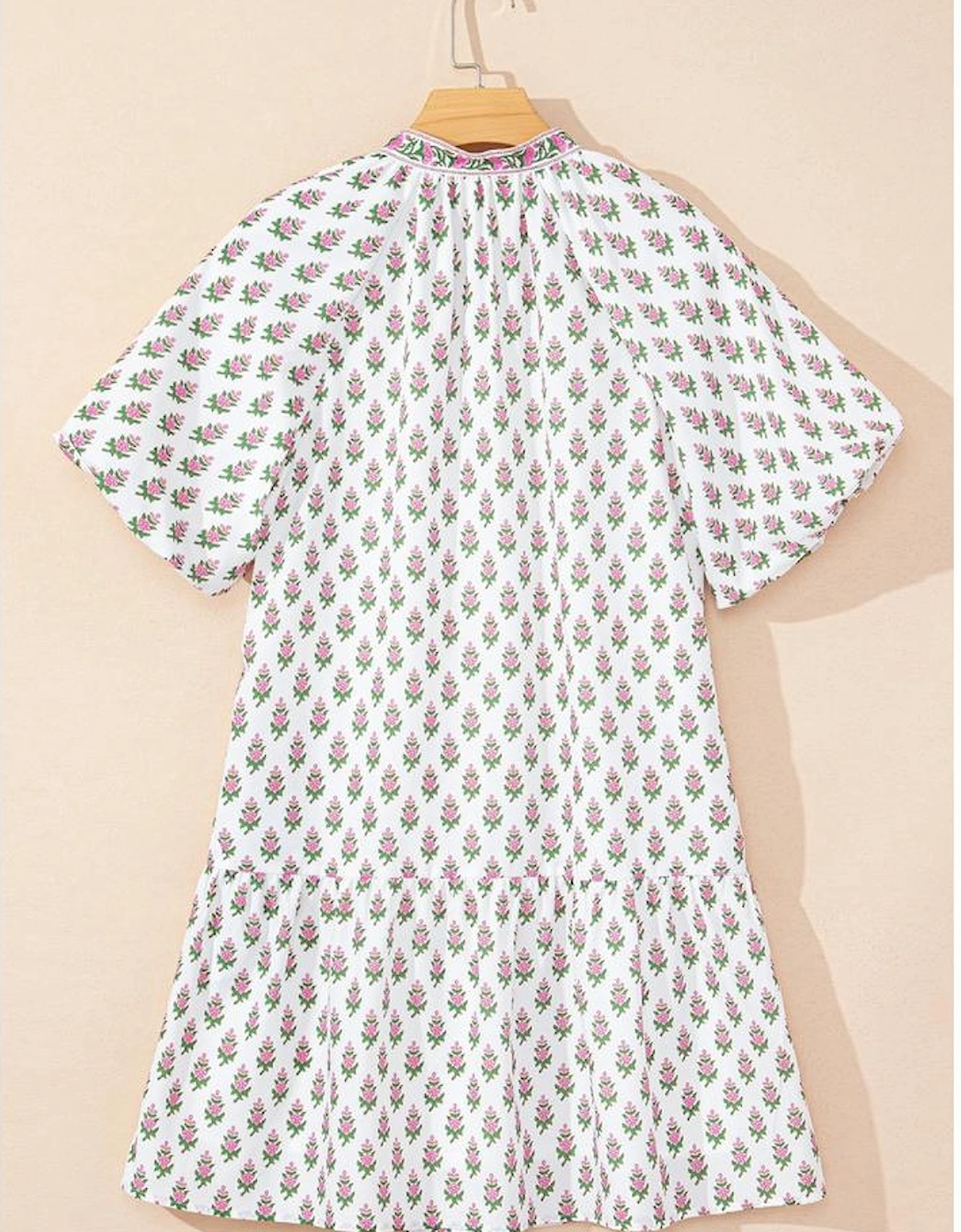 Pink Floral Print Bubble Sleeve Neck Tie Ruffled Dress