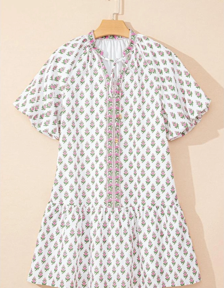 Pink Floral Print Bubble Sleeve Neck Tie Ruffled Dress