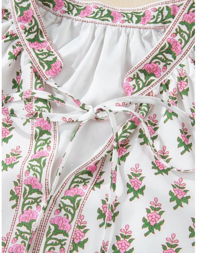 Pink Floral Print Bubble Sleeve Neck Tie Ruffled Dress