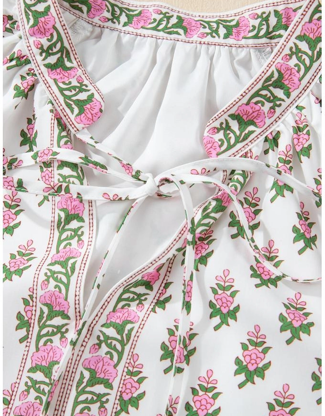 Pink Floral Print Bubble Sleeve Neck Tie Ruffled Dress