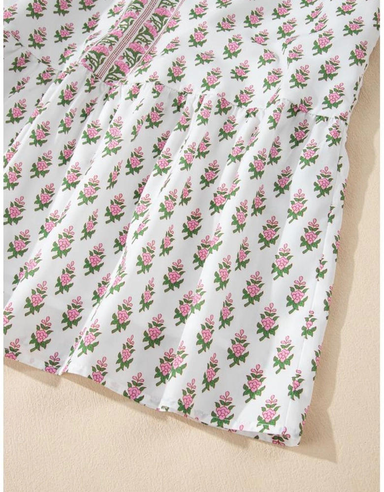 Pink Floral Print Bubble Sleeve Neck Tie Ruffled Dress