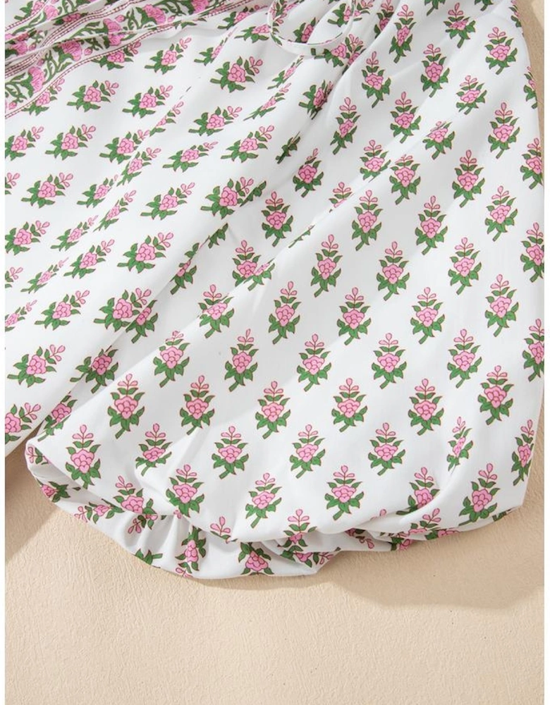 Pink Floral Print Bubble Sleeve Neck Tie Ruffled Dress
