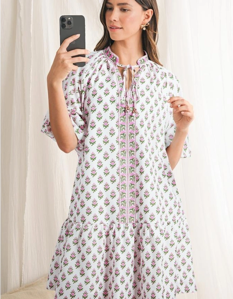 Pink Floral Print Bubble Sleeve Neck Tie Ruffled Dress