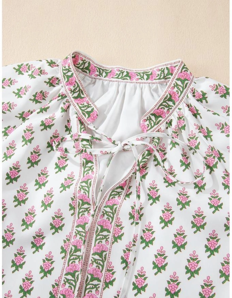 Pink Floral Print Bubble Sleeve Neck Tie Ruffled Dress