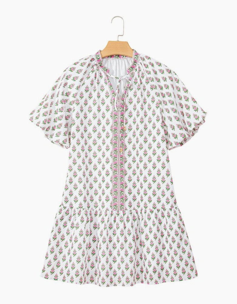 Pink Floral Print Bubble Sleeve Neck Tie Ruffled Dress