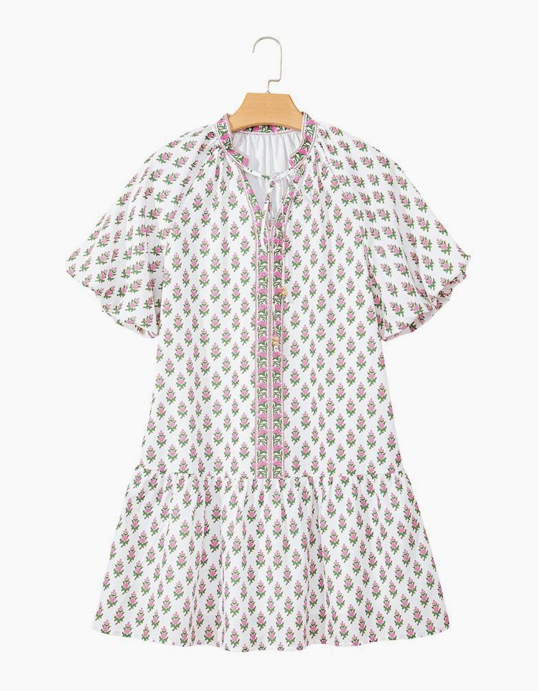 Pink Floral Print Bubble Sleeve Neck Tie Ruffled Dress