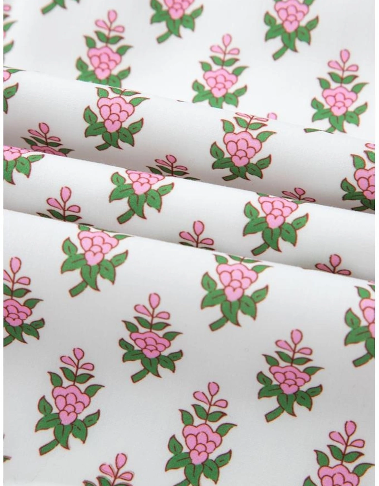 Pink Floral Print Bubble Sleeve Neck Tie Ruffled Dress