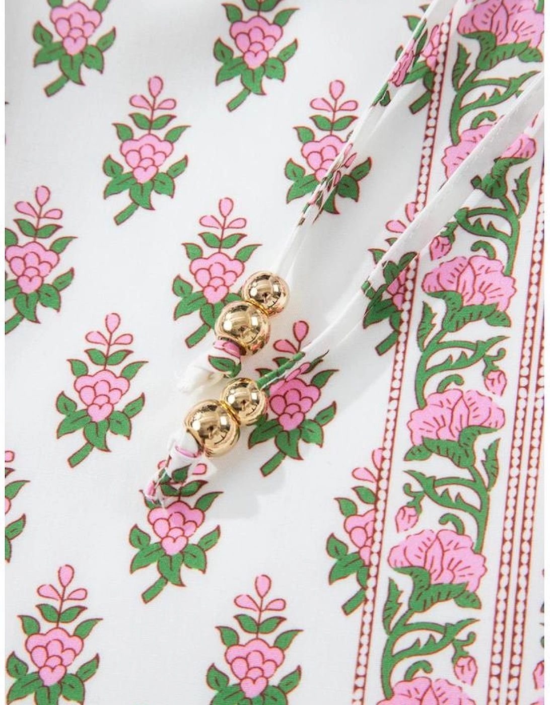 Pink Floral Print Bubble Sleeve Neck Tie Ruffled Dress