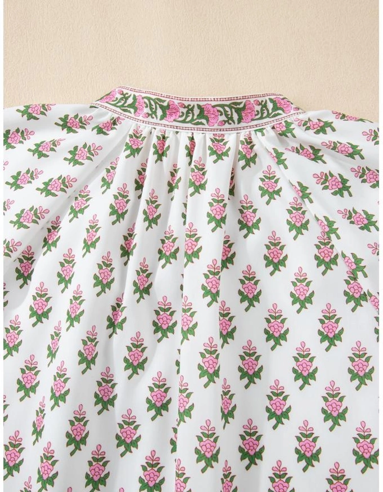 Pink Floral Print Bubble Sleeve Neck Tie Ruffled Dress